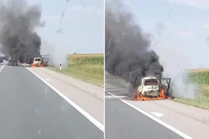 Požar na autoputu Miloš Veliki: Automobil potpuno izgoreo